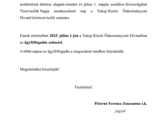 Tájékoztató ügyfélfogadás szüneteléséről